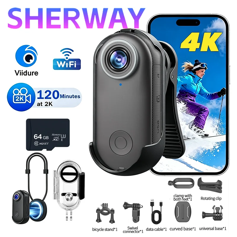 mini-camera-wifi-hd-4k-etanche-camera-d'action-magnetique-portable-camera-de-poche-pour-moto-camera-de-sport-de-plein-air-vlog-carte-64g
