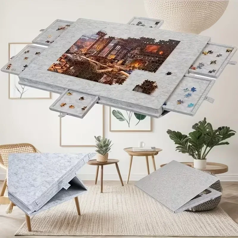 

Portable Jigsaw Puzzle Table for Kids with Stand And 6-Drawer Organizer Educational Toy with Felt Puzzle Board Cover