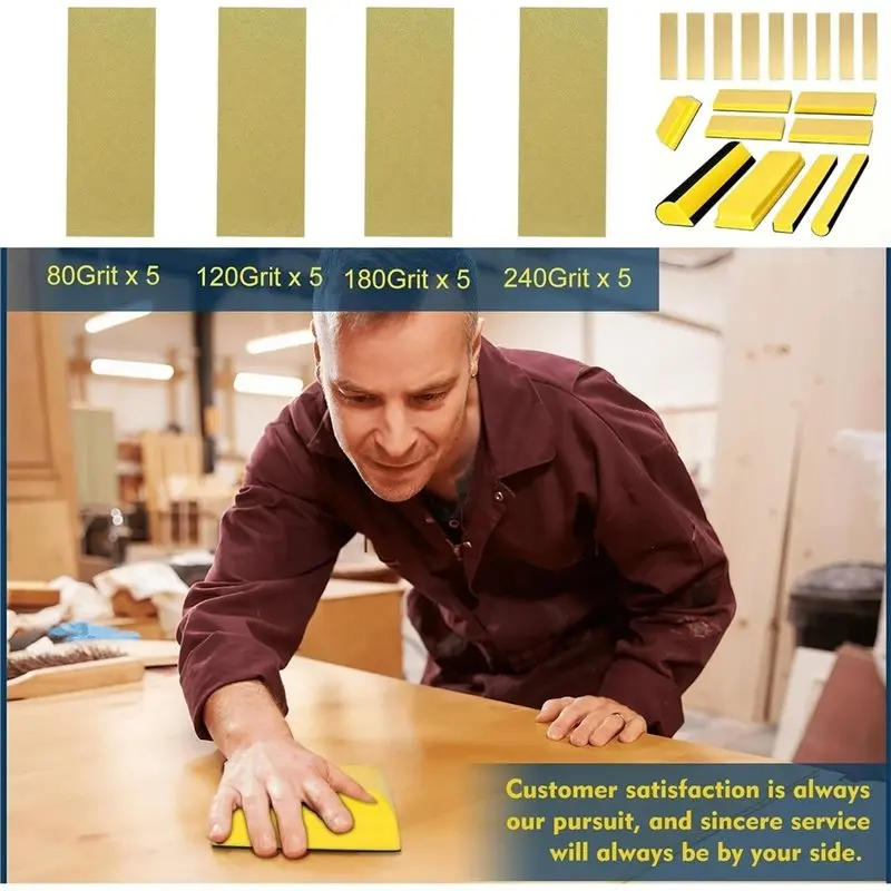 ABKS-PU Foam Sanding Blocks(80/120/180/240 Grit), 7Pcs Hand Sanding Block Set& 20 Sandpaper Hook& Loop For Auto Body,