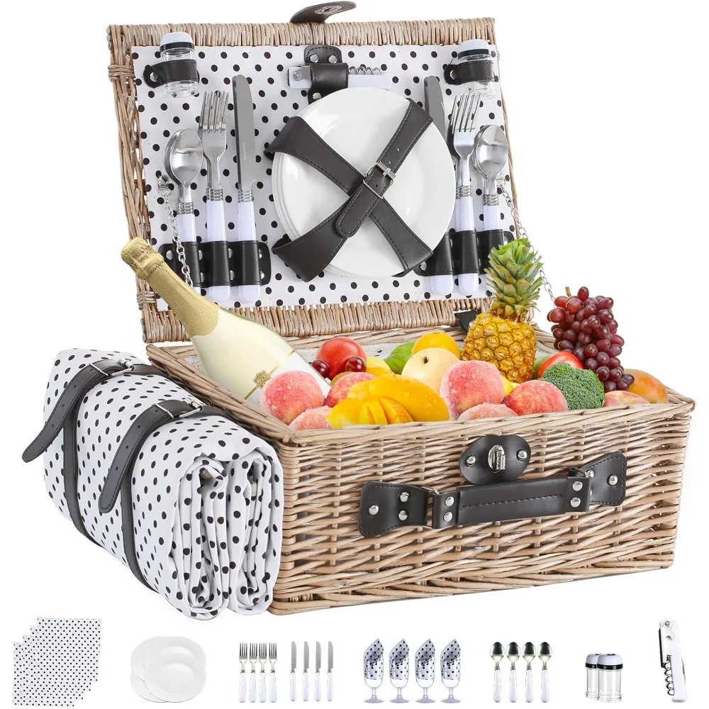 Picnic Basket Set for 4 with Waterproof Picnic Blanket and Insulated Cooler,