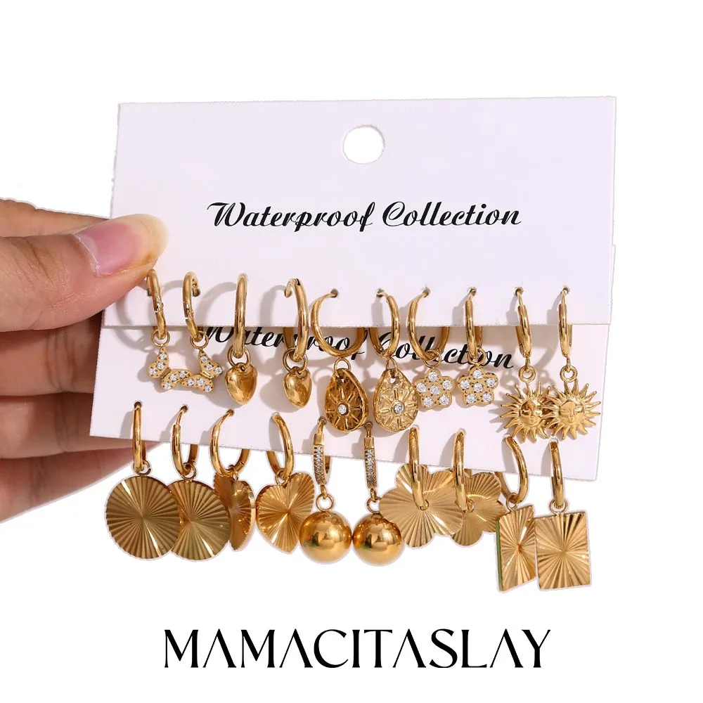 MamacitaSlay Stainless Steel Zircon Flower Geometric tassel Earrings 5PCS Designer Jewelry Set Women's Elegant Jewelry Gift