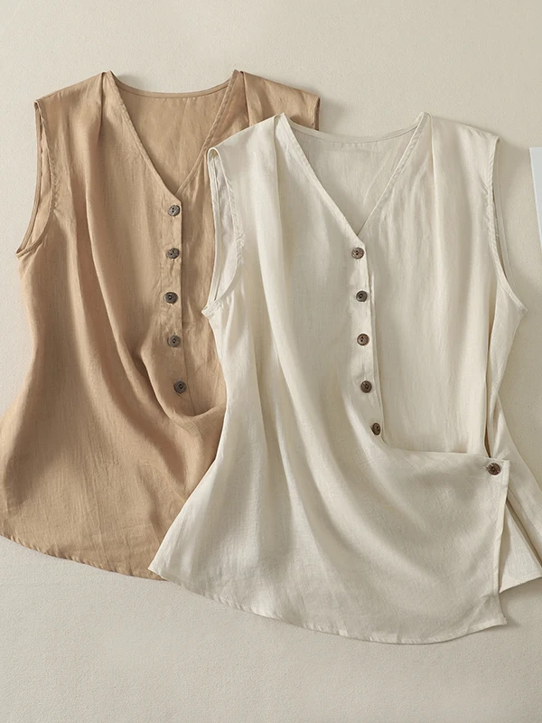 

Artistic Cotton Linen Sleeveless Shirt Women's Summer Thin Irregular Button up Top Breathable Comfortable V-Neck Daily Wear