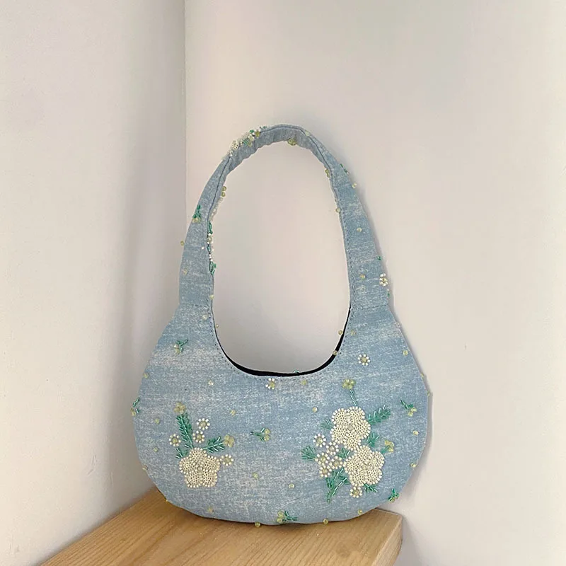 

Модная синяя джинсовая сумка-хобо с бусинами и цветочным принтом, женская сумка, роскошный кошелек-клатч, женская сумка на плечо, подмышки, повседневная сумка