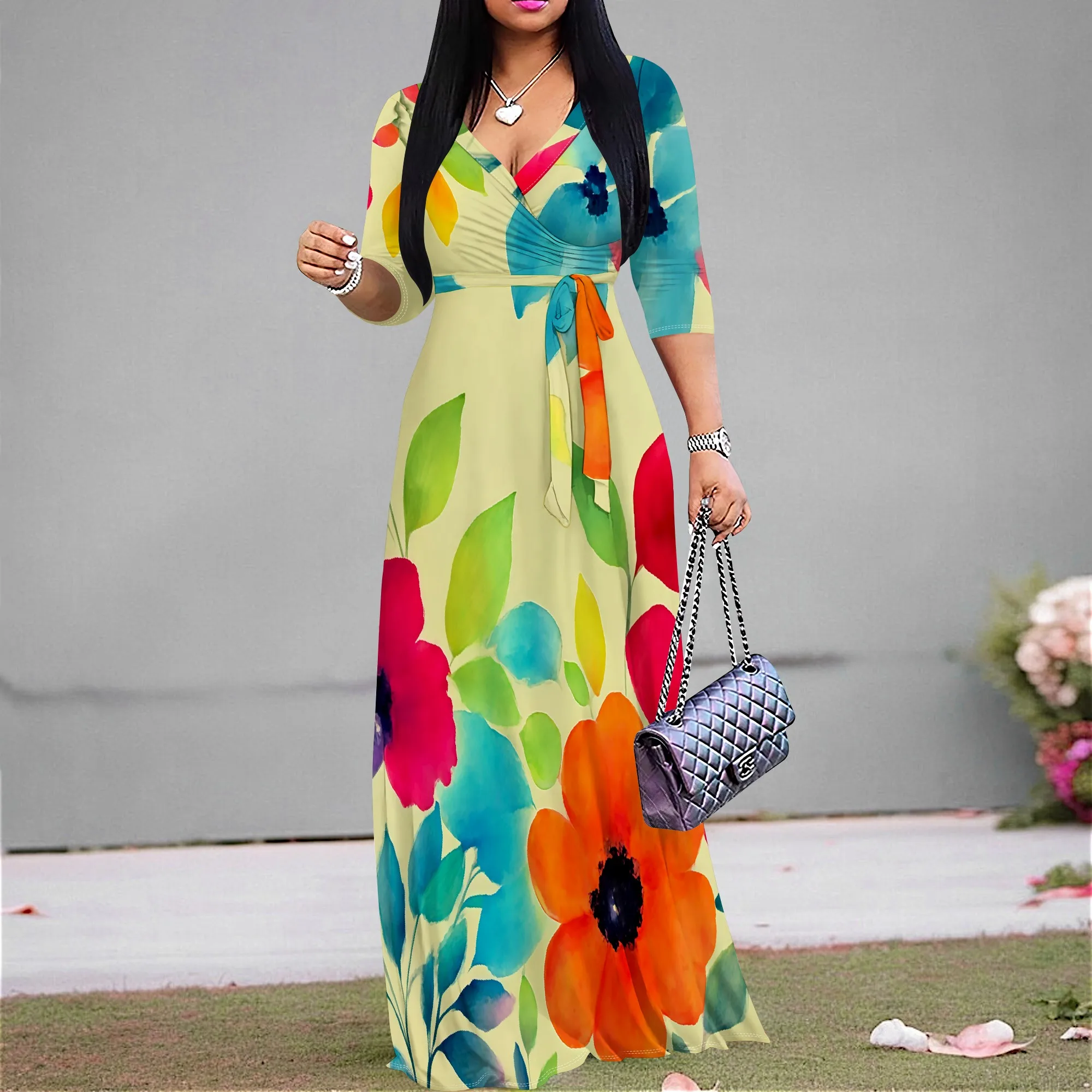 

Women's Elegant V-Neck Wrap Maxi Dress 3/4 Sleeve Floral Print Party Wedding Guest Cocktail Dress Plus Size XS-3XL