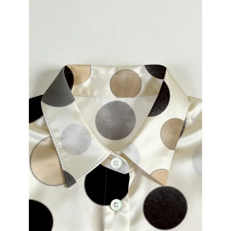 20256Women's Elegant Irregular Polka Dot Digital Print Silky Satin Shirt，Collared long-sleeve single-breasted shirt - view 3