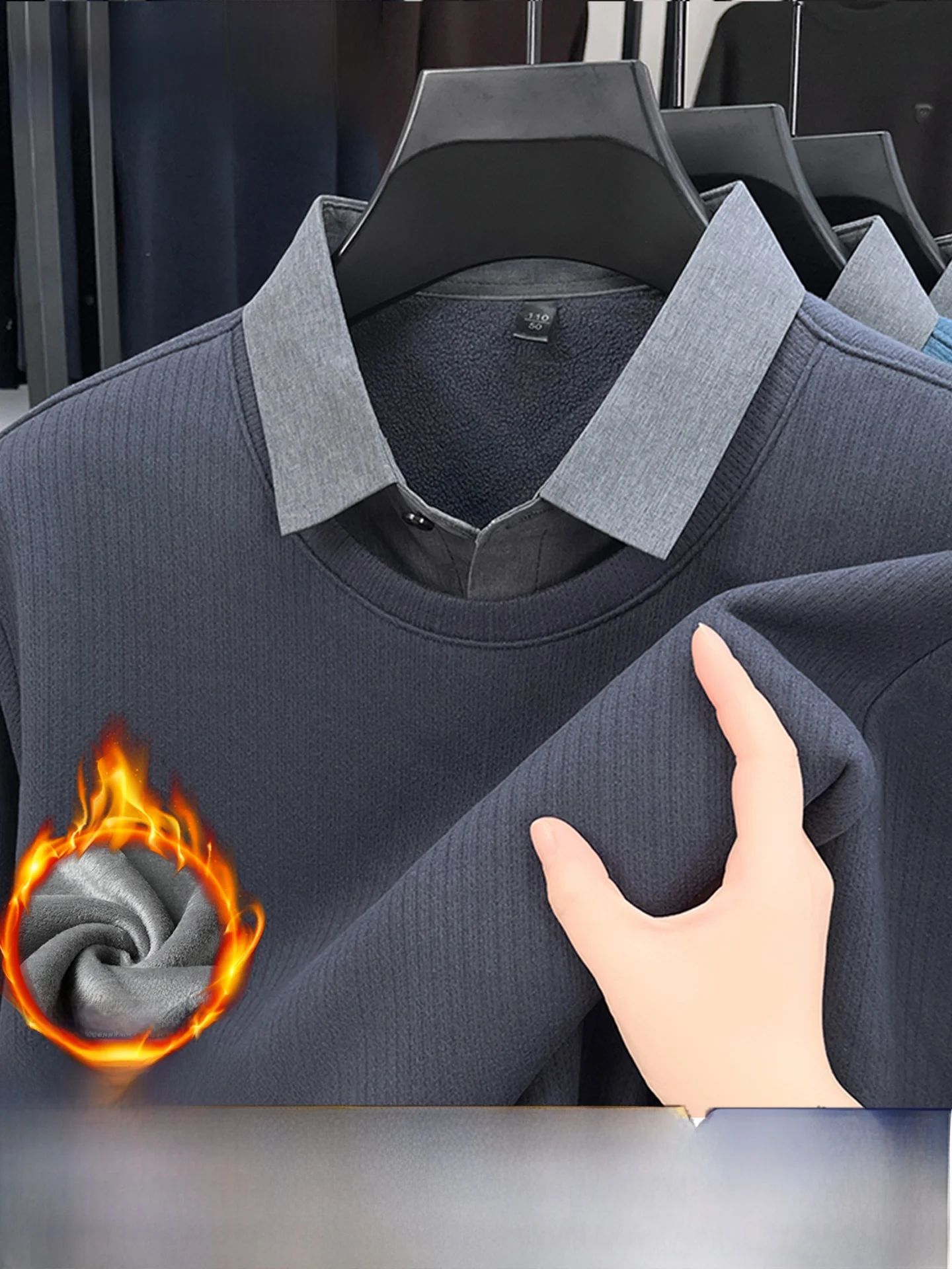 

Men's Fce Lined irt Collar Casual Thi Warm Knitted Sweater Two-Piece Look Wool Blend Long Sve irt Sle