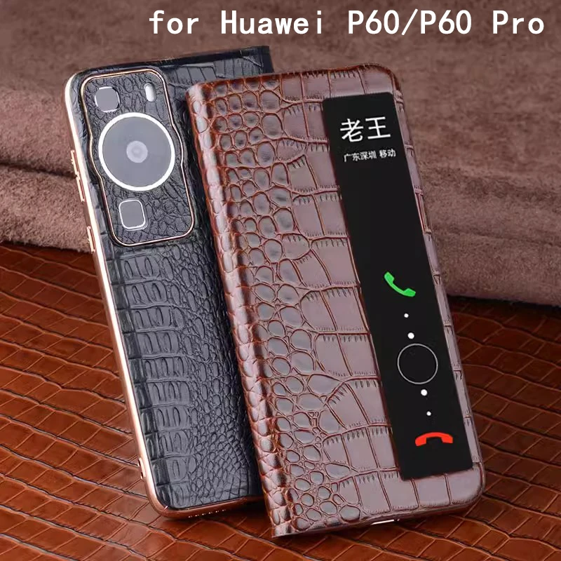 

Luxury Smart Phone Case for Huawei P60 Carcasa Genuine Leather Window View Funda for Huawei P60 Pro Coque P60pro Fundas Capa