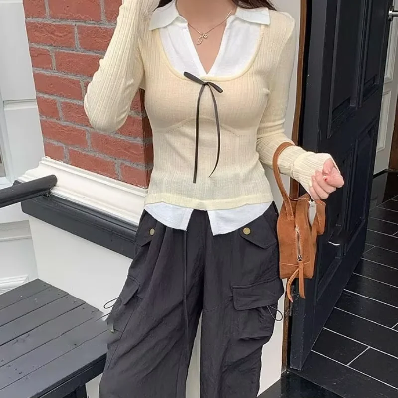 甘いボウパッチワークツーピースニットトップス女性用秋ラペルスリムフィット長袖プルオーバーファッションショートセーター