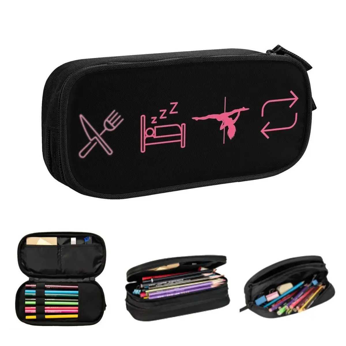 Eat, Sleep, Pole Dance, Repeat - Black Icons Pencil Cases Large Storage Pen Bags Pen Box Pencil Pouch For Boys Girls Students