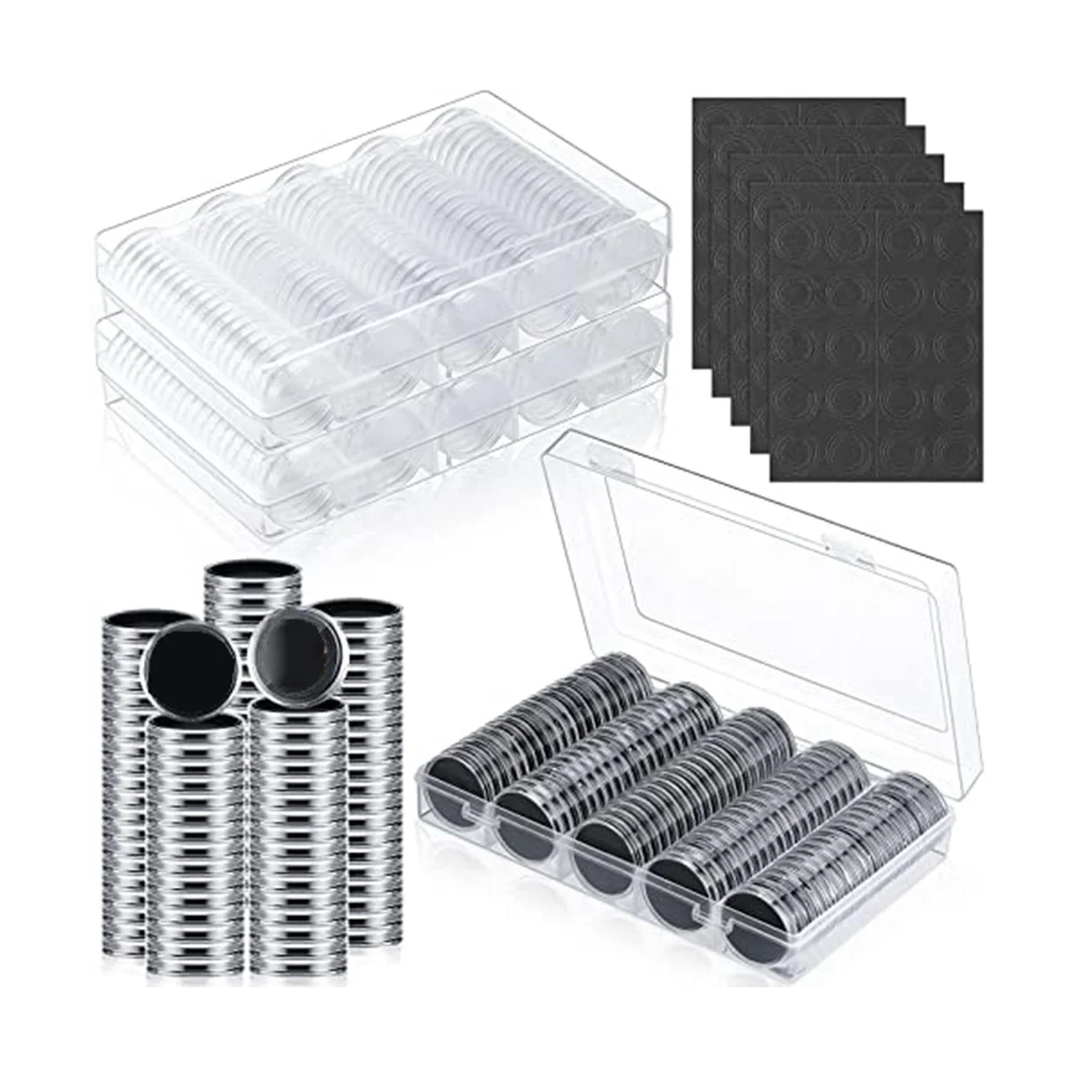 

300 Pcs 30 mm Coin Capsules with Black Protect Gasket Foam 5 Sizes (17/19/21.5/25/27/30mm) Coin Holder Case