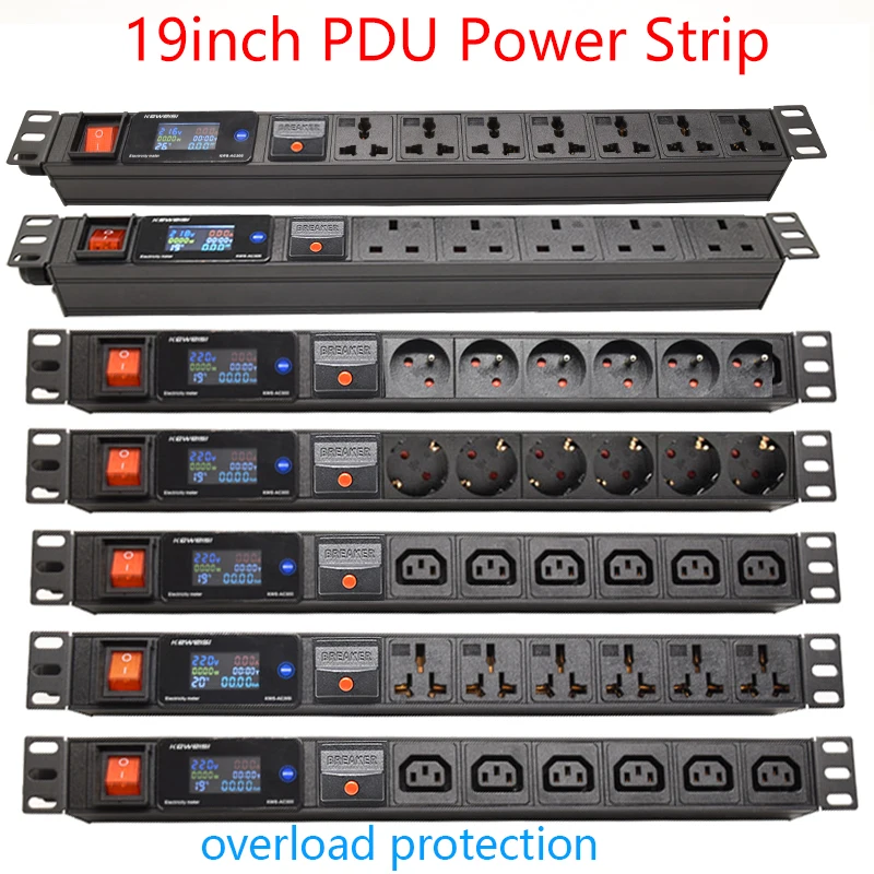

19Inch PDU Power Strip Digital Voltmeter Ammeter Wattmeter EU/US/UK C13/Universal Outlet overload protection Cabinet Rack Mount