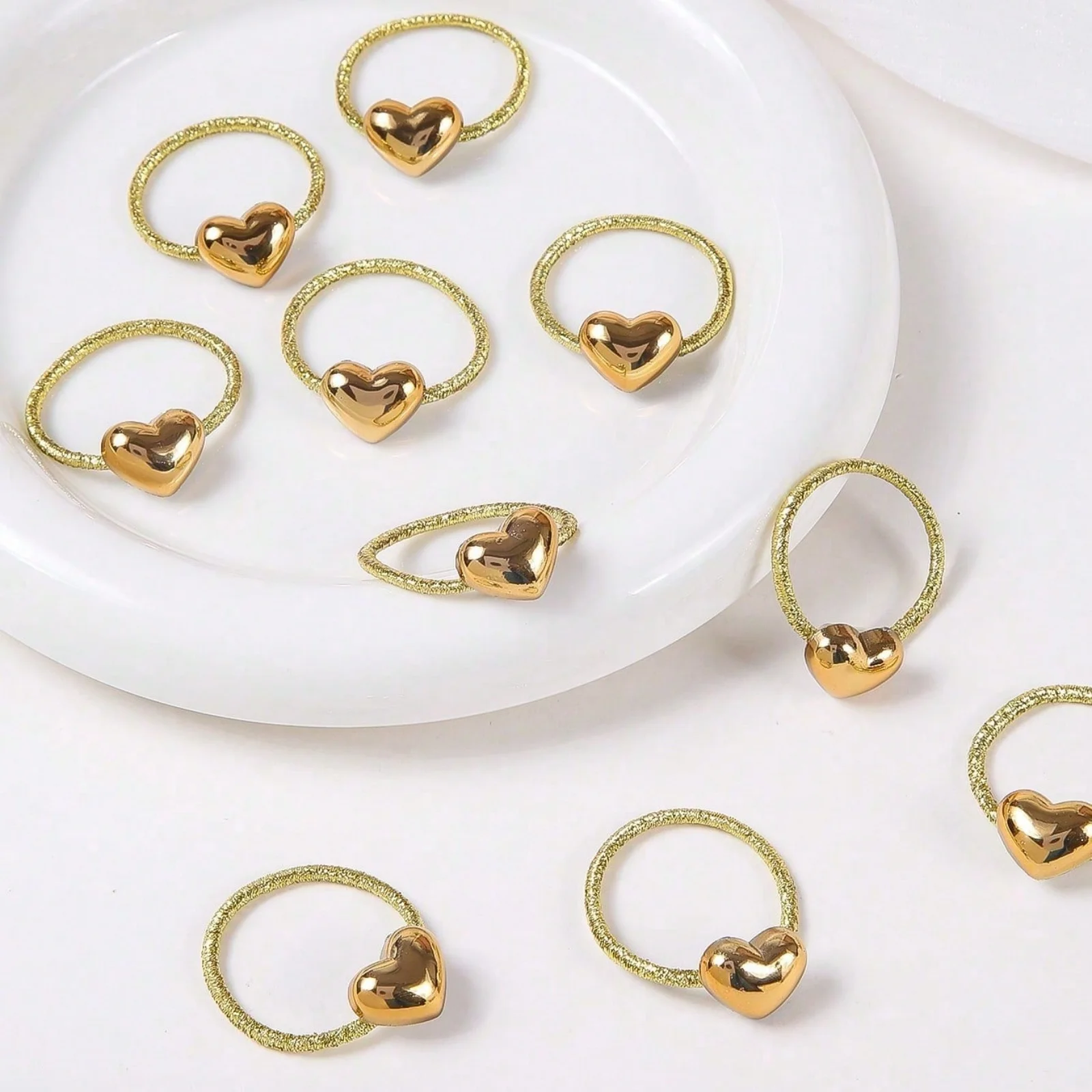 10PCS Gold Heart Hair Rings Set, Glittery Braided Hair Accessories For Girls, Cute Metallic Heart Decor Hair Bands image 5