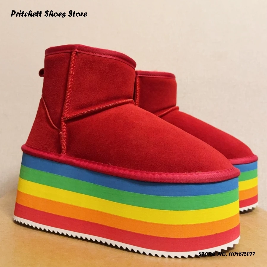 Rainbow Platform Warm Snow Boots Women's Autumn Winter Street Style Faux Fur Booties Round Toe Pull On Height Increasing Shoes