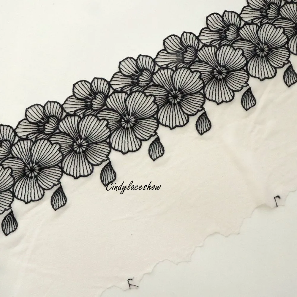 1Meter 19CM Width Black Flowers Embroidered Lace Trim Fabric Soft Pink Mesh For Bra Dress Sewing Garment Accessories Craft DIY