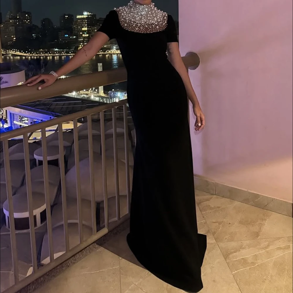 

Customized A-line Evening Dresses Floor-length High-neck Short Sleeve Prom Gown Fashion Crystal Beading Simple Draped Party Gown