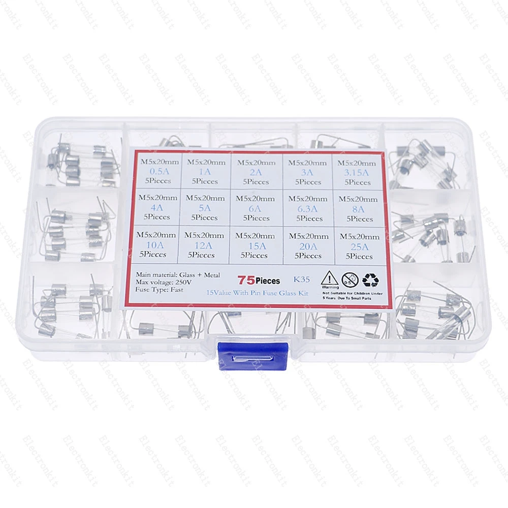 75pcs 15value 5*20mm 250V Fast Blow With Lead Wire Glass Fuse kit Box 0.5A 1A 2A 3A 3.15A 4A 5A 6A 6.3A 8A 10A 12A 15A 20A 25A