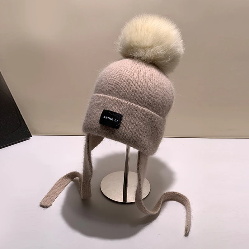 Earflap Beanie Women Girl Autumn Winter Wool Hat Real Fox Fur Pompom Beanies Cap Warm Knitted Hat