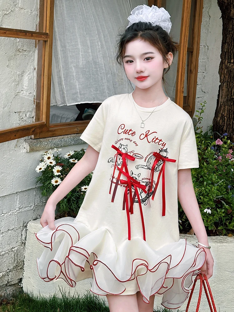 Filles décontracté été à la mode T-shirt à volants bulle jupe Faionable coton ort Sve rond Ne dessin animé imprimé Dr