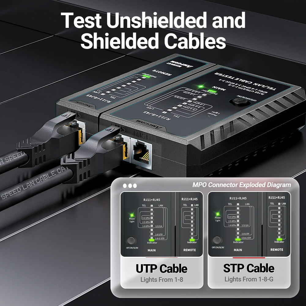 AMPCOM Network Cable Tester, LAN Phone Wire Tester Tool Networking Tool Ethernet Repair For RJ45/RJ11/RJ12/CAT5/CAT6/CAT7/CAT8