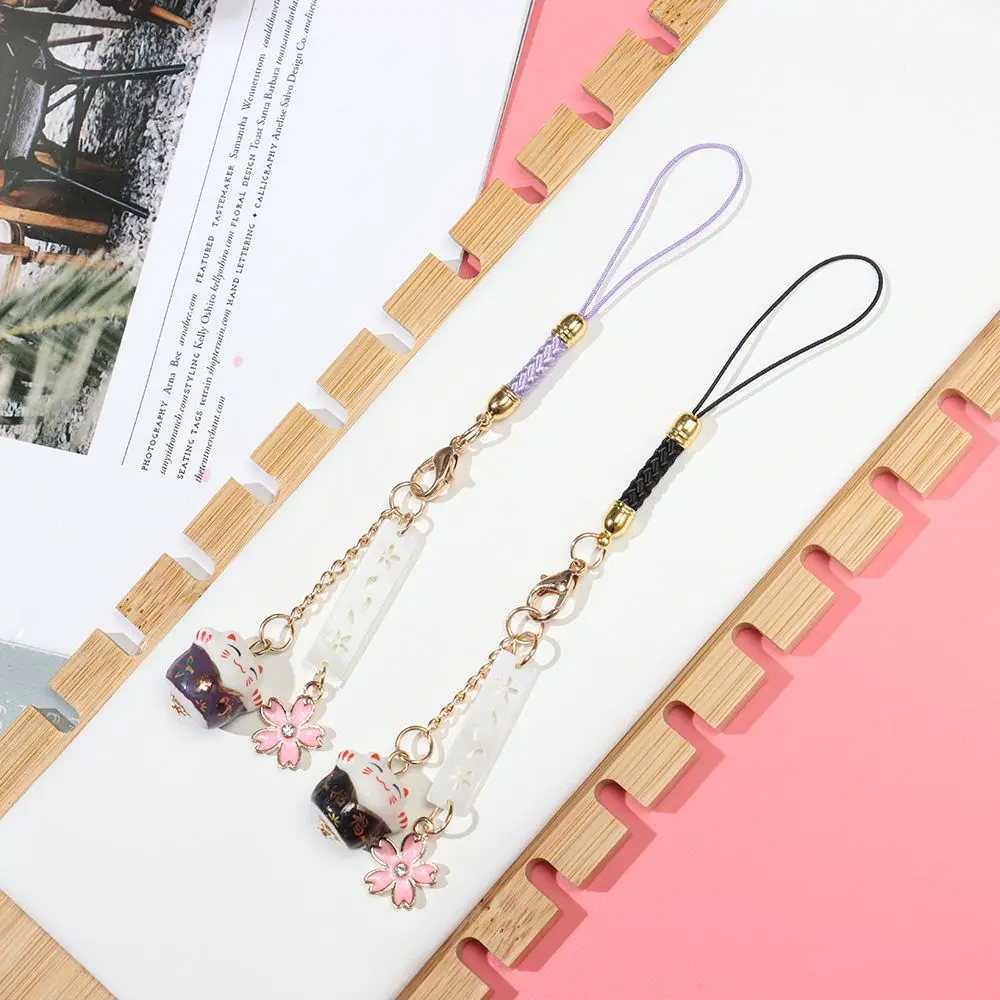 Bloesems Hangtouw Bells Lucky Cat Anti-verloren Lanyard Sleutelhanger Pols Touw Sakura Lucky Cat Telefoon Lanyard Telefoonriem Lanyard
