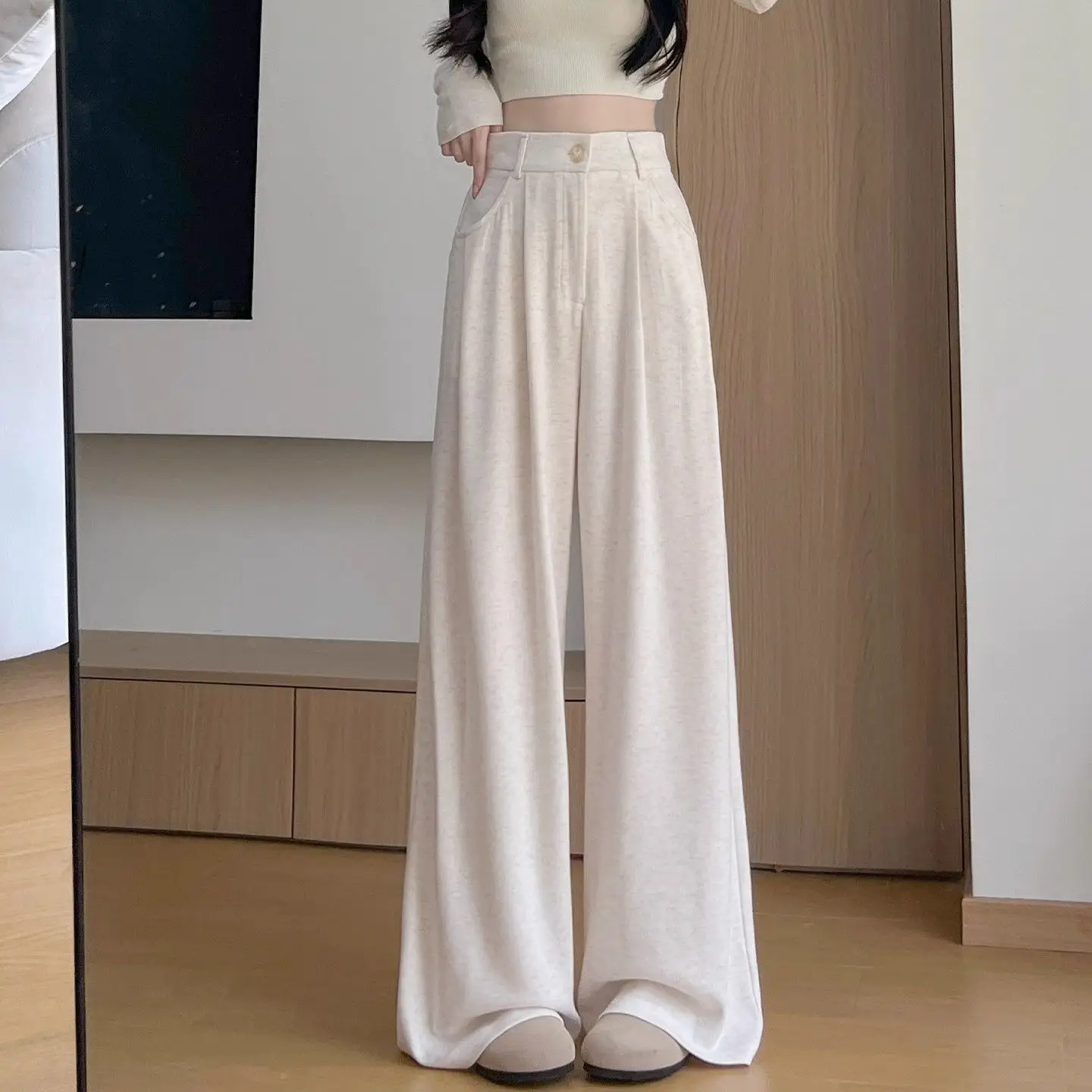 

Spring Autumn Loose Casual Pants Women's Straight Leg Wide Leg Suit Long Trousers Floor Length Fashionable High Waist