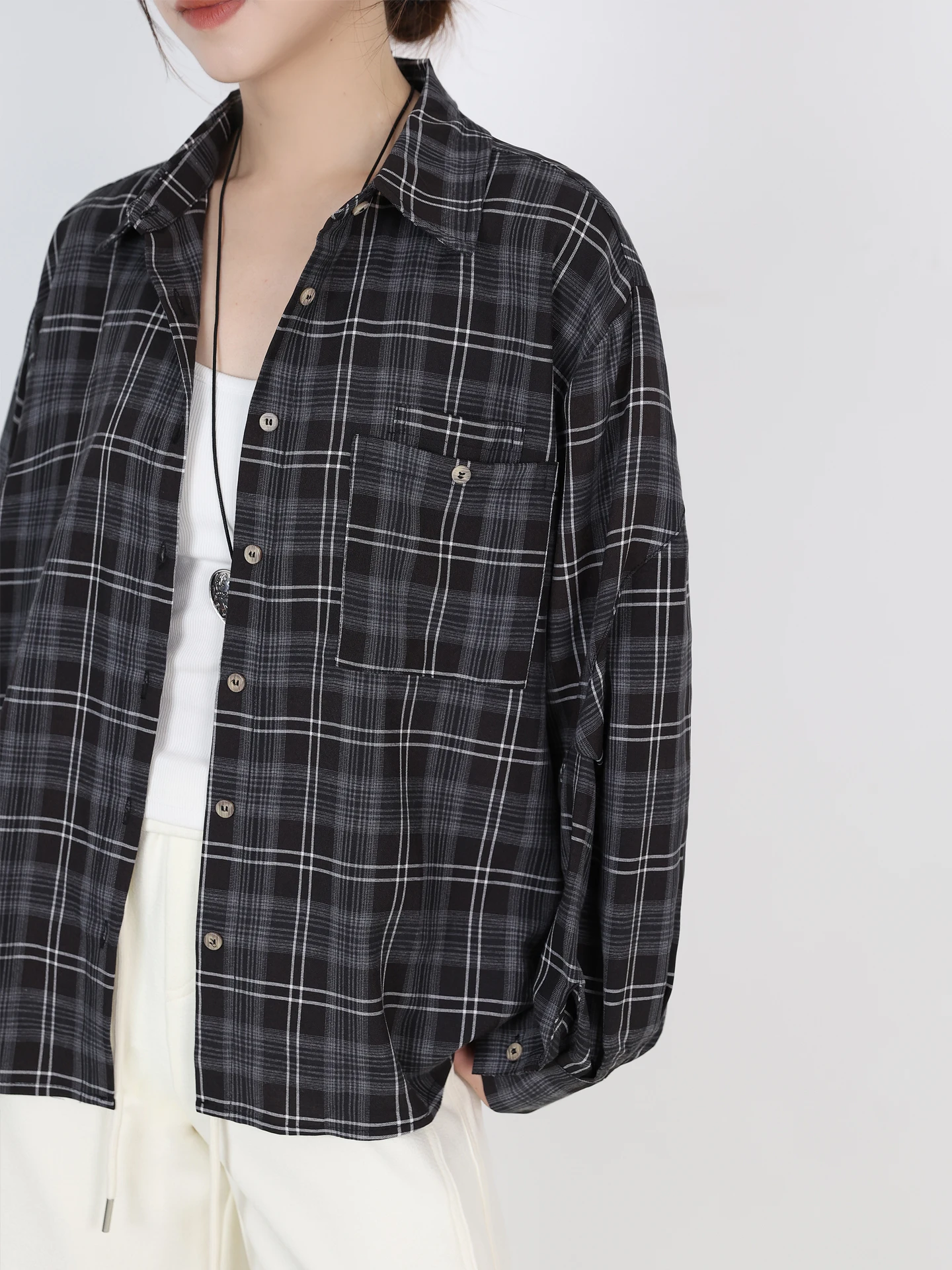 

Retro Briti Sle Plaid irt Women Early Autumn New Loose Mid-Length Inner Wear Casual id irt Coat Collar Long Sl...