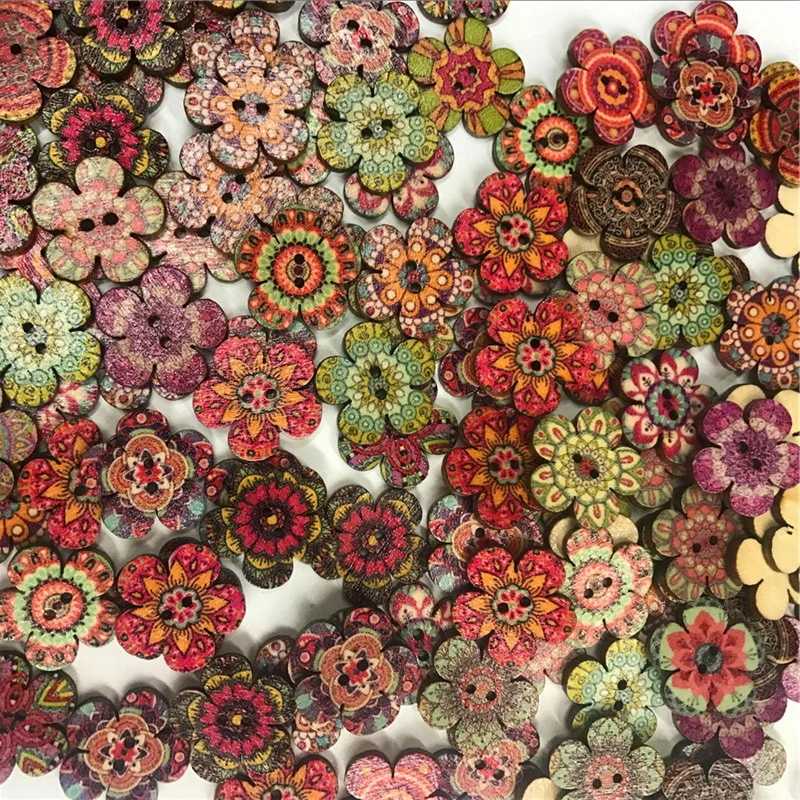 Flower Wooden Buttons for Clothing, DIY Sewing, Scrapbooking Decor, Craft, Needlework Accessories, Retro Series, 20-25mm, 50Pcs