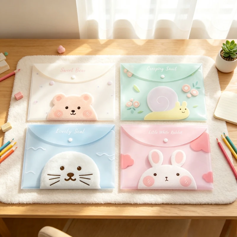 6pcs Kawaii Animal File Folder A4 Plastic Envelope with Snap Closure Cute Paper Storage for Planner, Journaling, Office Supplies