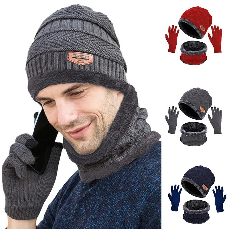 

Men's Windproof Hat Outdoor Travel Leisure Winter Scarf Gloves Three-Piece Set Neck Warm Winter Thick Beanie Hat Knitted Hat Set