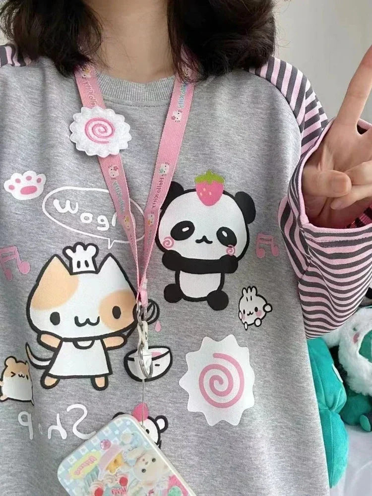 Japan Kawaii Sweet Women T-Shirt O-Neck Stripe Patchwork Long Sleeve Cartoon Print Loose Pullover Casual Cute Top Youth Vitality