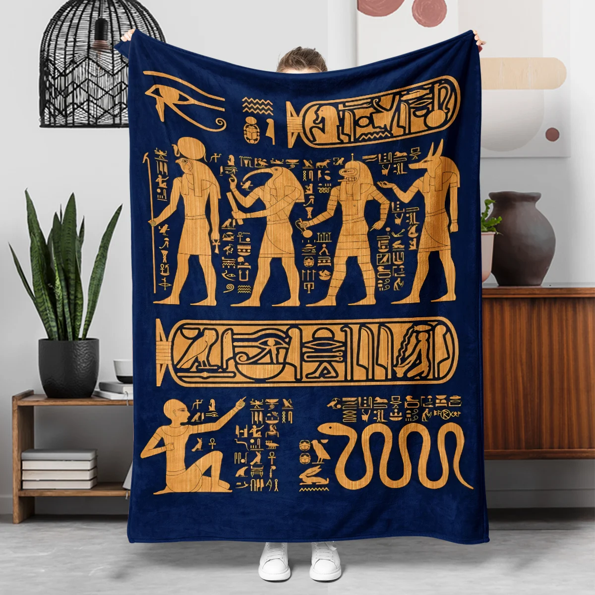 Luxury Egyptian Pharaoh Hieroglyphic Pattern Throw Blanket Boho Chic Decor Cozy Ancient Nile Mythology Bed Wrap