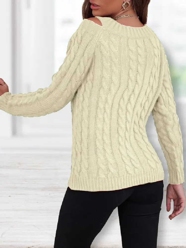 Knit V Neck Casual Fried Dough Twists Off Shoulder Sweater