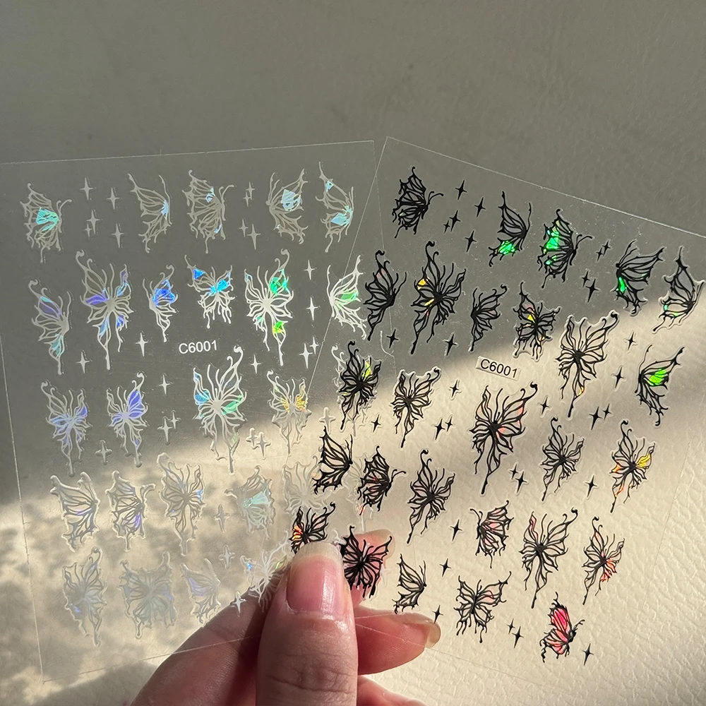3D 妖精蝶オーロラネイルステッカー Y2k ブラック/ホワイト/ピンク/パープルホログラフィック効果蝶ネイルデカール DIY マニキュアデコ