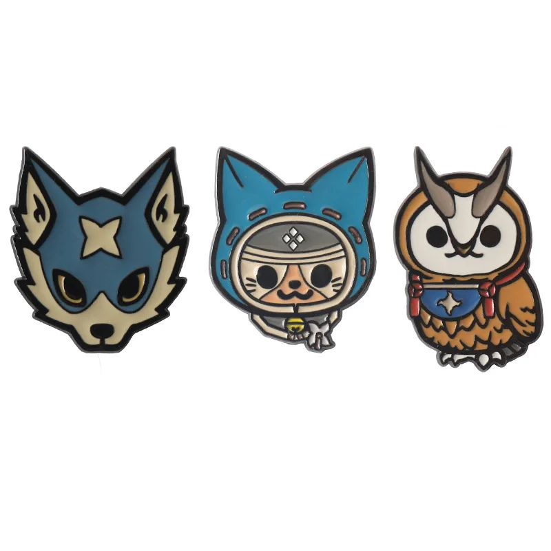 Game Monster Hunter Brooch Anime Cat Wolf And Owl Badge Lapel Unisex Clothes Denim Button Props Gifts