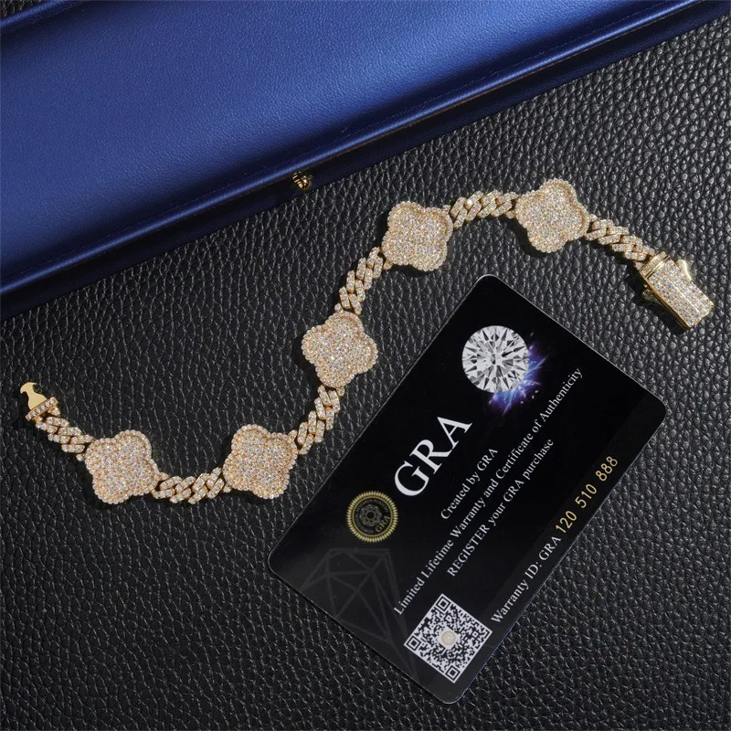 Hiphop 6mm Full Moissanite Clover Cuban Chain Bracelet for Women Men Rock Jewelry 925 Silver Shine Diamond Miami Link Bracelets