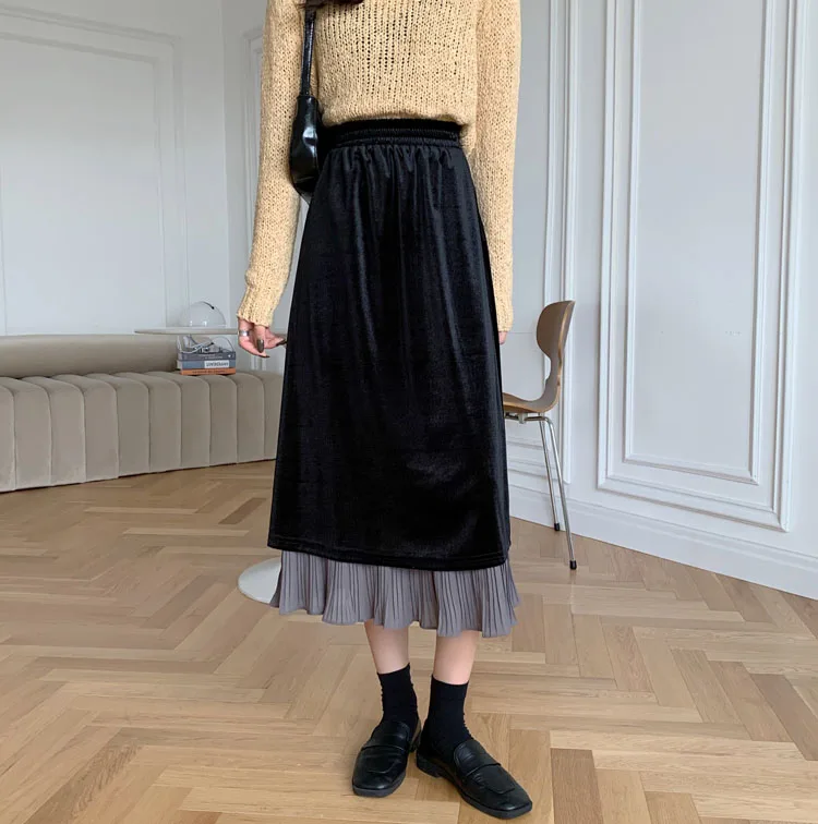 

​Women Black Velvet Patchwork Grey Elegant Slim Pleated Autumn Spring 2026 High Waist Ruffles Long Skirts Female(mm1081