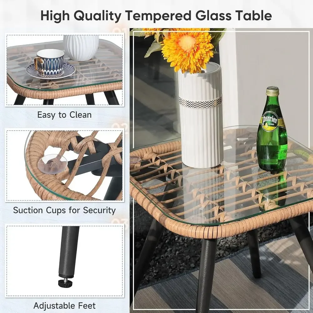 Outdoor Wicker 3-Piece Patio Bistro Set with Glass Top Table and Cushioned Chairs for Balcony, Porch, or Deck view 5