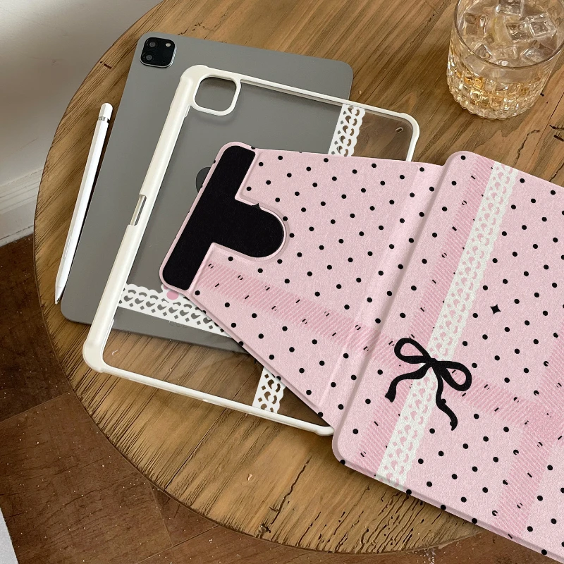 Pink Polka Dot Lace Bow Tablet Case For iPad Pro 11 12.9 13 A16 M2 M4 M3 M5 Shell 8.3 9.7 10.2 5/6/7/8/9/10/11th Air 3 4 5 Cover