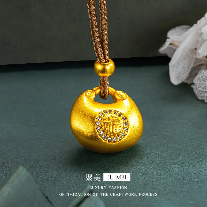 

9999 24K real gold diamond inlaid with fat Fufu characters small gold lump lock bag pendant tie rope necklace sweater chain