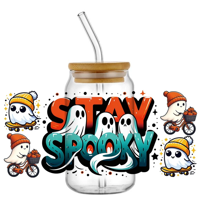 3D Libbey Glass Can Cups Tumbler Ghost Play tricks Series Transfer Decals Uv Dtf Cup Wrap Sticker 16OZ for cup Application