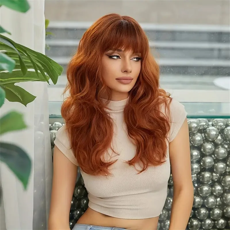 Copper Deep Wavy Synthetic Wigs with Bangs Medium Length Ginger Red Brown Cosplay Wig for Women Daily Party Use Heat Resistant