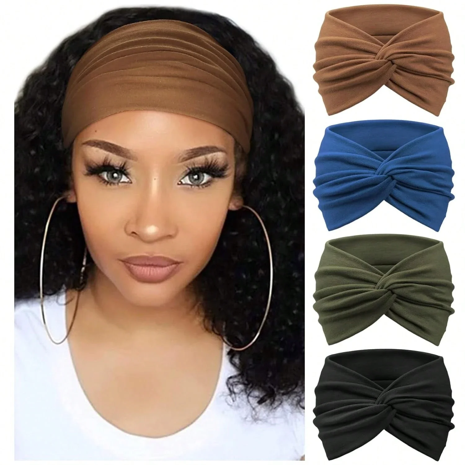 

4pcs Wide Solid Color Twisted Knot Headbands For Women Boho Turban Hair Band Sports Yoga Casual