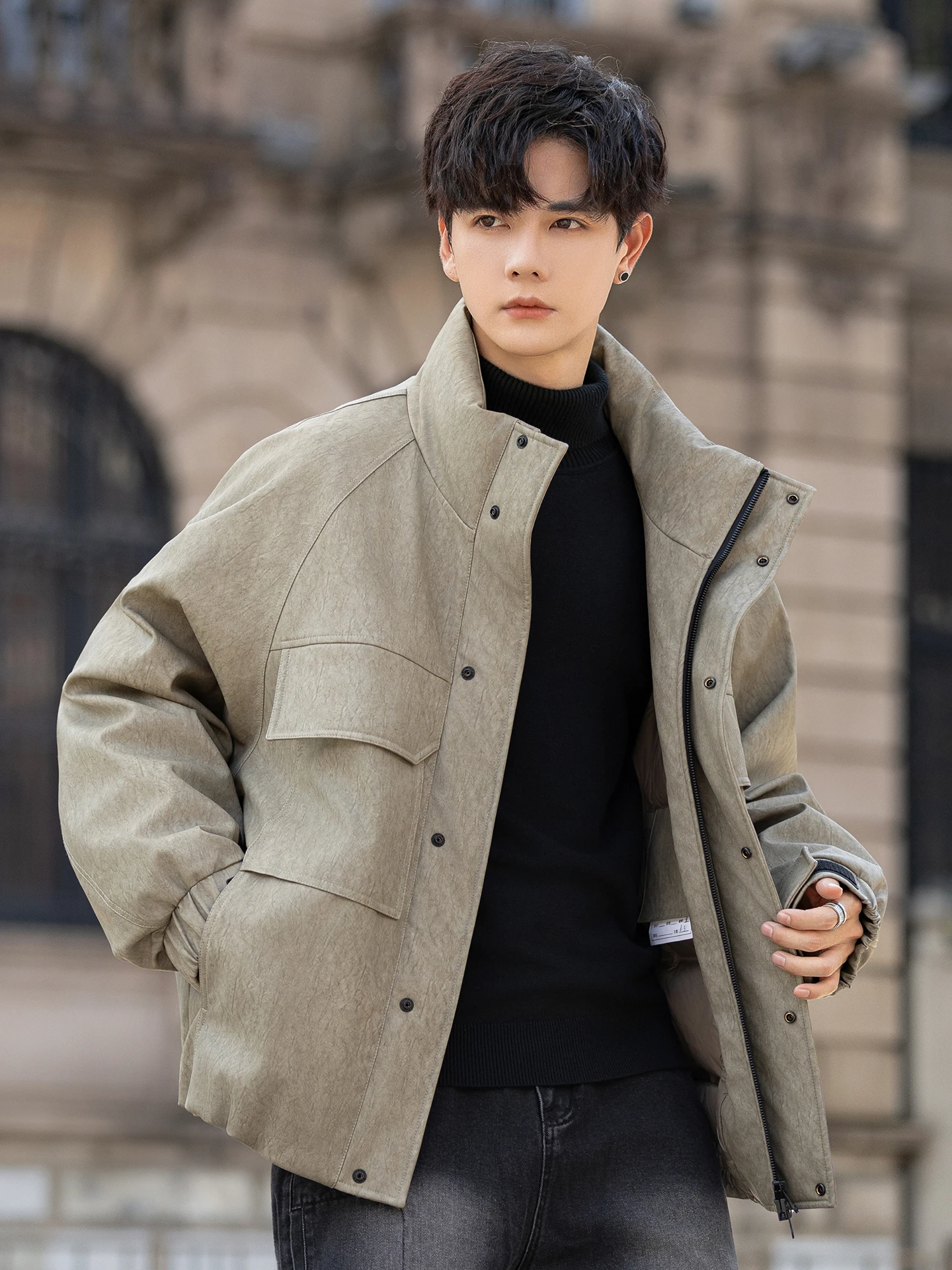 

Мужская утепленная зимняя куртка из искусственной кожи с воротником-стойкой, теплая повседневная парка на молнии для отдыха