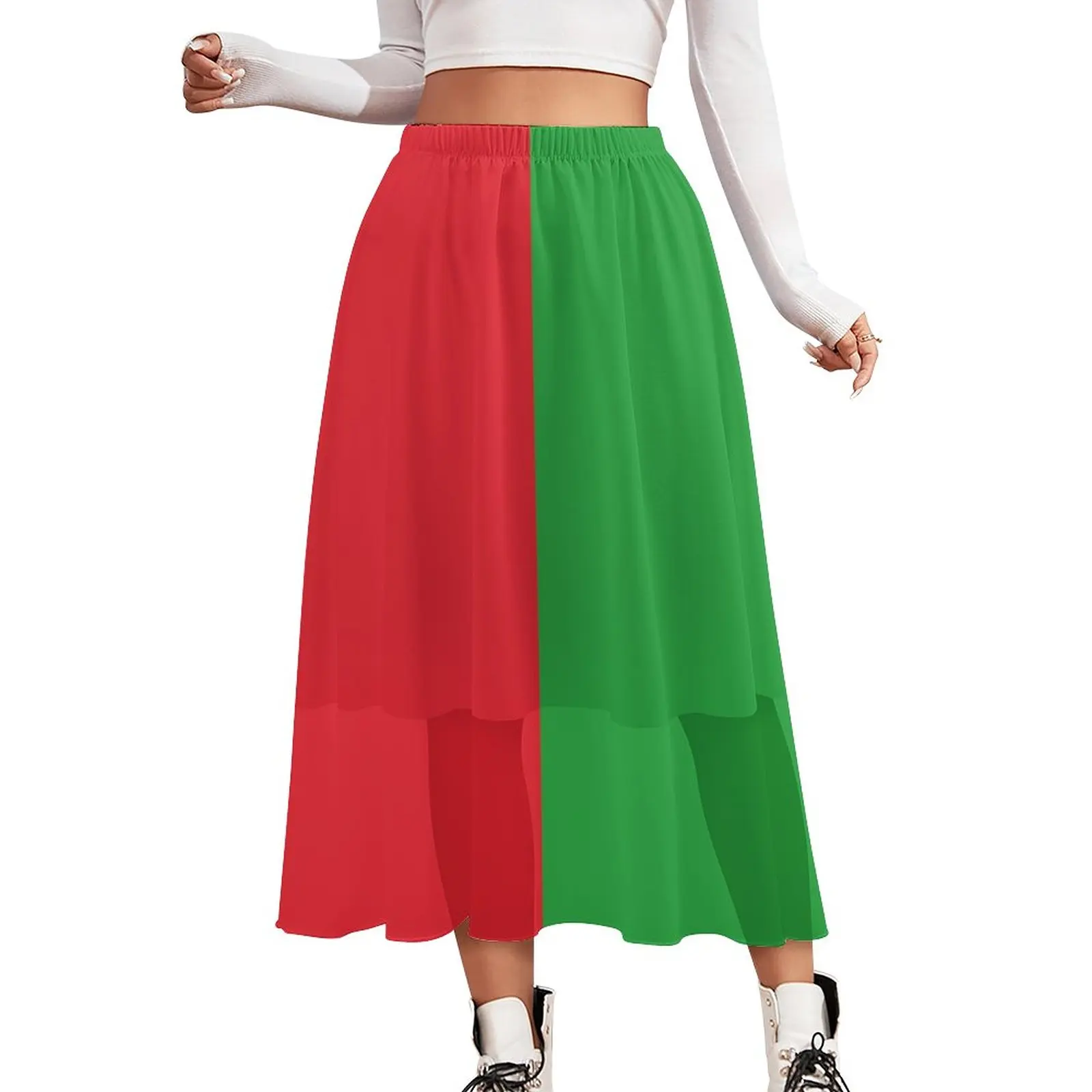 

Two Tone Design Skirt Red And Green Retro Boho Skirts Elastic Waist Pattern A-line Skirt Summer Aesthetic Clothes Big Size 3XL