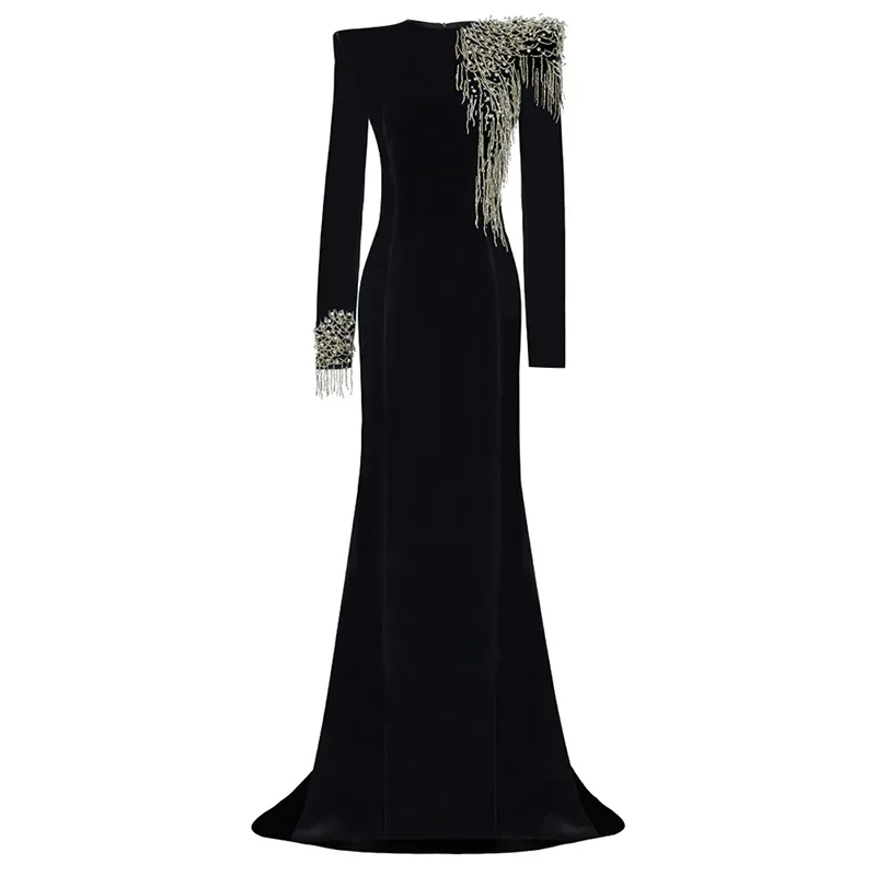 

High-quality ready-to-wear evening gown celebrity heavily beaded acetate velvet mini train maxi dress winter dress vestidos traf
