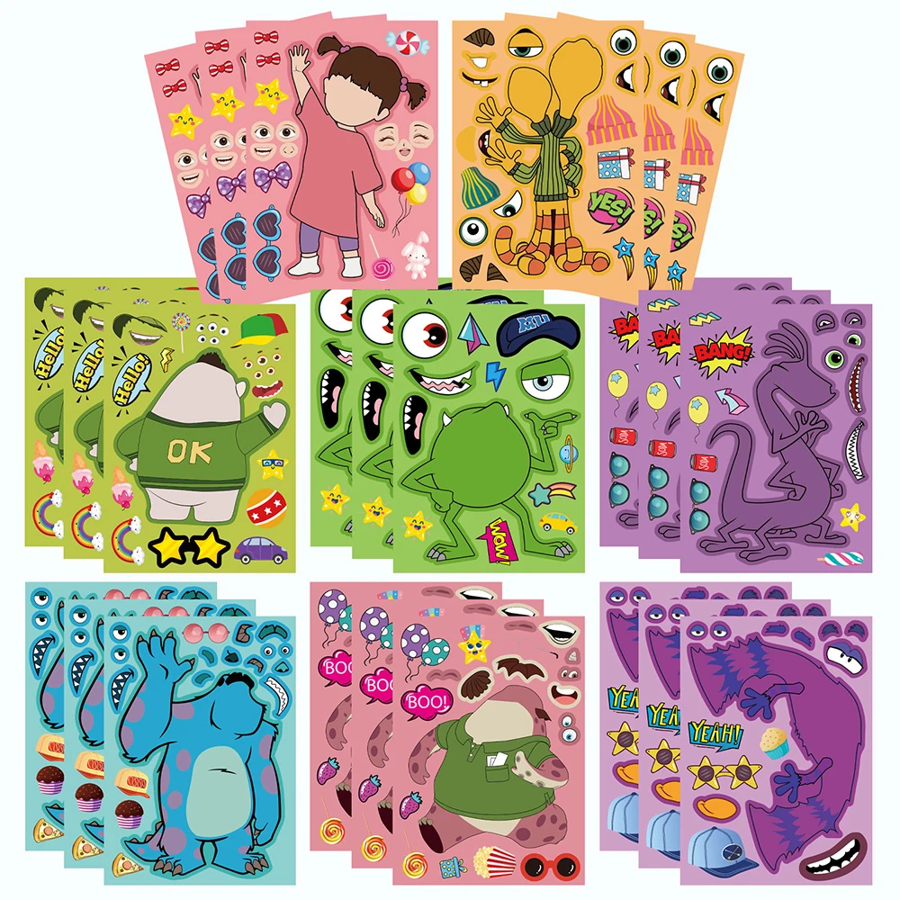 8/16 hojas de pegatinas de rompecabezas de dibujos animados de Disney Monsters University, crea una cara, DIY, divertidas pegatinas de ensamblaje, suministros para fiestas temáticas