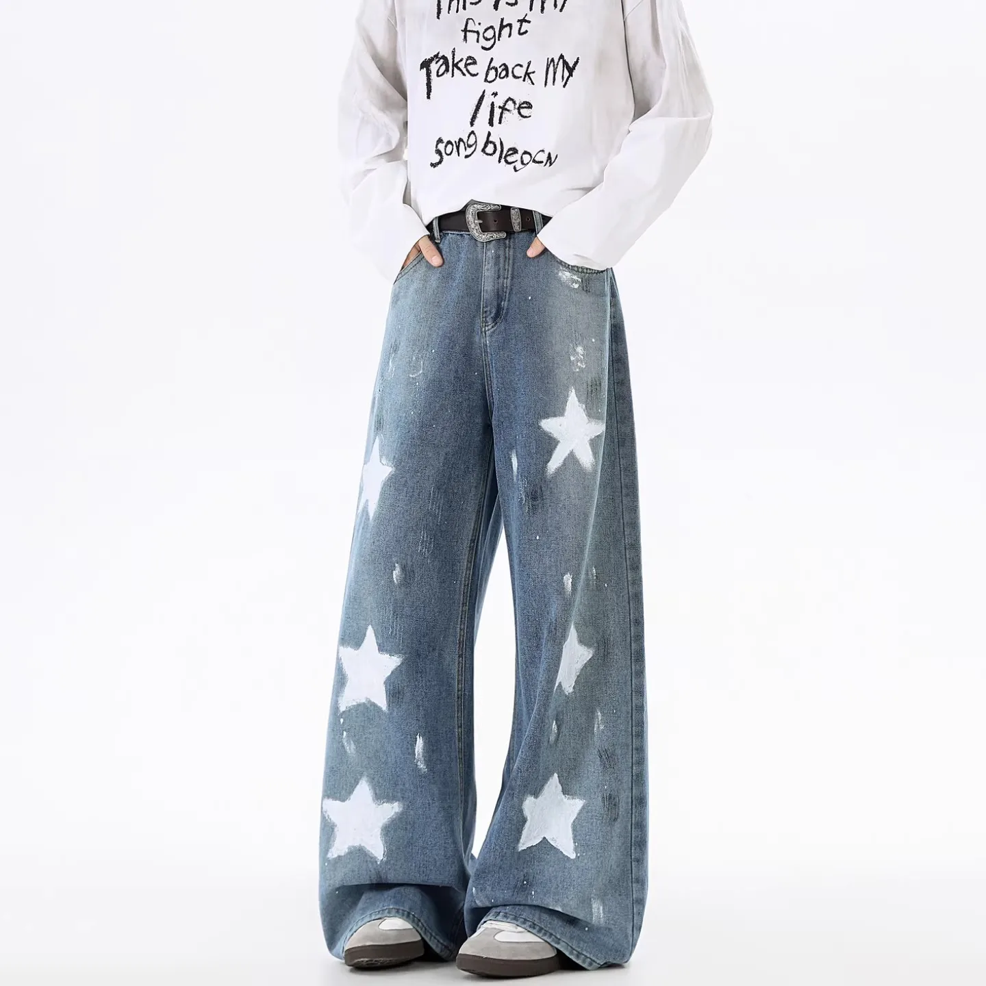 

Retro American Waed Star Straight Leg Men's Jeans Casual Loose Wide Leg Pants Long Trousers Faionable Teenage Busin