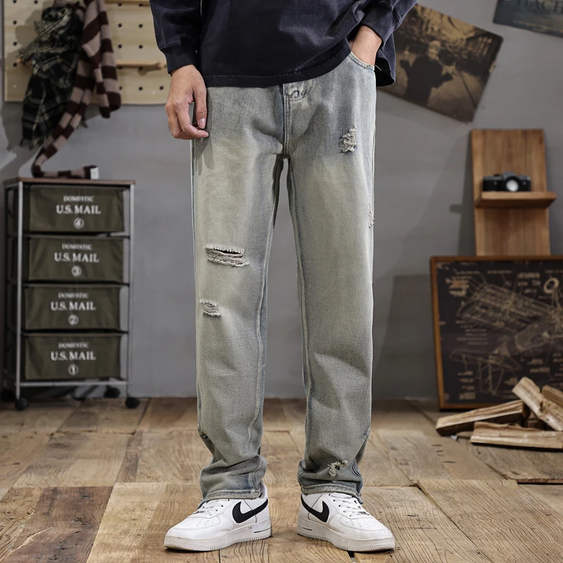 Plus Size 6XL 7XL Men's Clothing Straight Ripped Jeans Fashion Zipper Design Denim Pants Vintage Solid Color Male Trousers