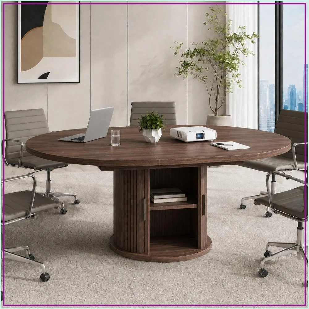 47 x 63 in Wooden Extendable Round Conference Table for 4-6-8 People, Meeting Room Table