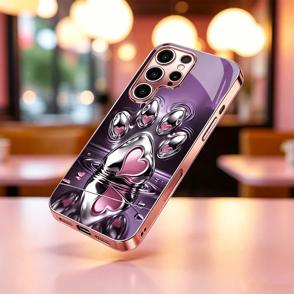 Cute Purple Cat Paw Pattern s26 ultra case s25 ultra case Glass phone case for Samsung Galaxy S26 25 24 23 22 21 FE Ultra Plus